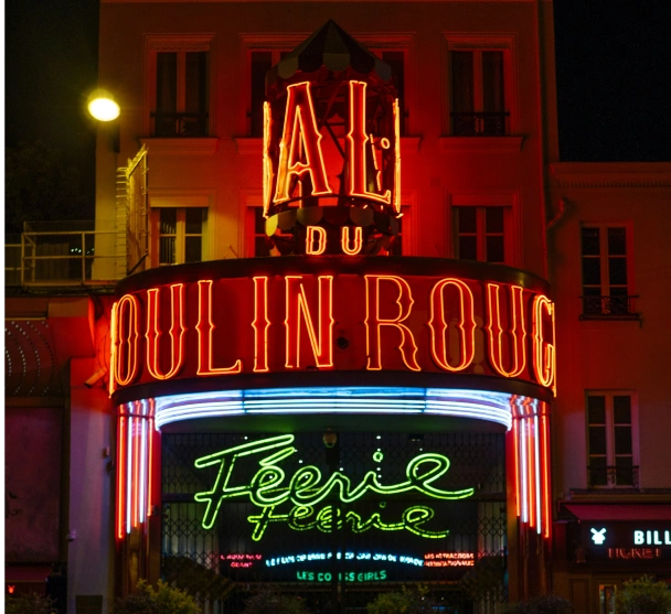 entrance of moulin rouge red windmill pigalle french cancan