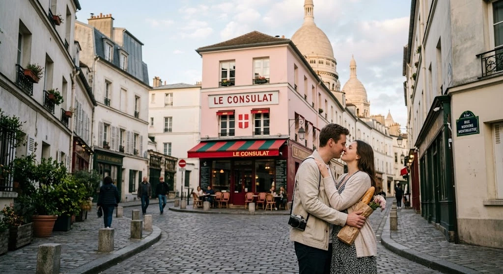 creami una foto di una coppia che fa un week end romantico a parigi, in particolare nel quartiere batignolles - montamartre
